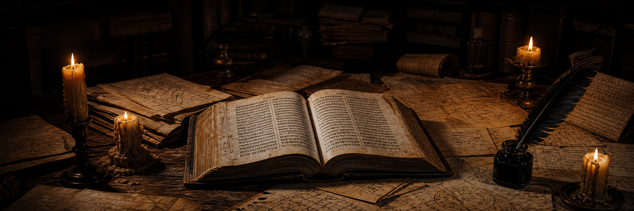 An open Hebrew Bible surrounded by annotated papers, candles, a quill, and an ink well in a dark archival study